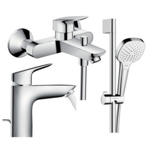 HANSGROHE LOGIS Комплект смесител за мивка, смесител за вана/душ и тръбно окачване