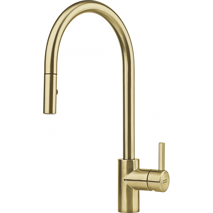 smesitel-franke-eos-neo-pull-out-gold-bg-maistor Смесител за кухня с висок въртящ се издърпващ чучур 180° с 2 струи, цвят злато Franke Eos Neo Pull Out Gold