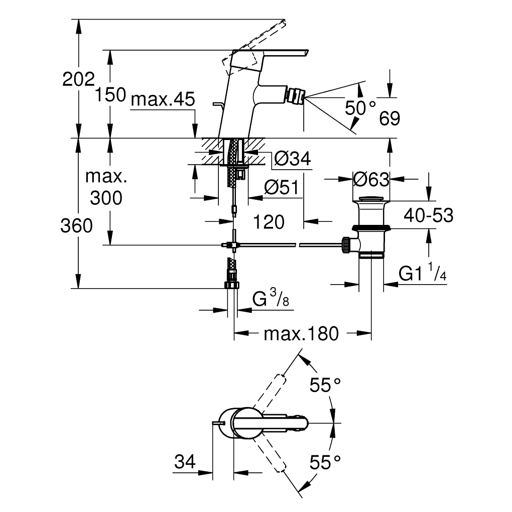 Смесител за биде S-размер с изпразнител 11/4", хром Grohe Feel 32558000